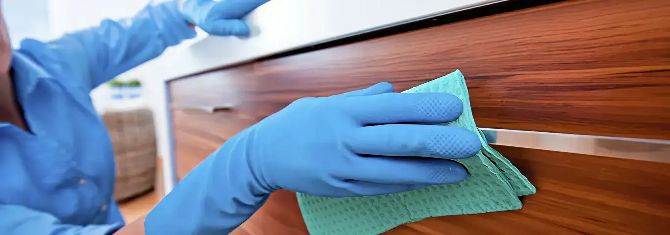 Cleaner wearing blue gloves wiping a wooden cabinet drawer with a microfiber cloth for dust and grime removal, Philadelphia, PA.