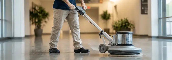 Professional technician using an industrial floor buffer to polish and maintain shiny commercial flooring in a corporate hallway in Philadelphia, PA.