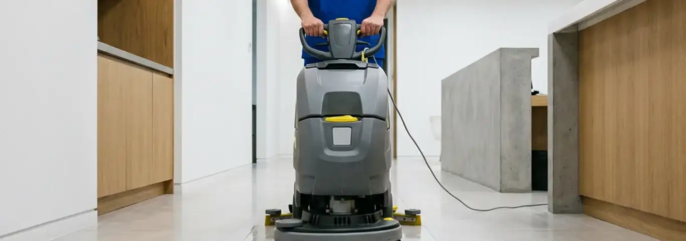 Janitorial staff using a floor scrubber machine to clean a commercial hallway, Philadelphia, PA.