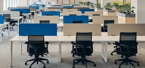 Modern open-plan office space featuring clean workstations, ergonomic chairs, and sanitized carpets provided by professional office cleaning services in Philadelphia, PA.