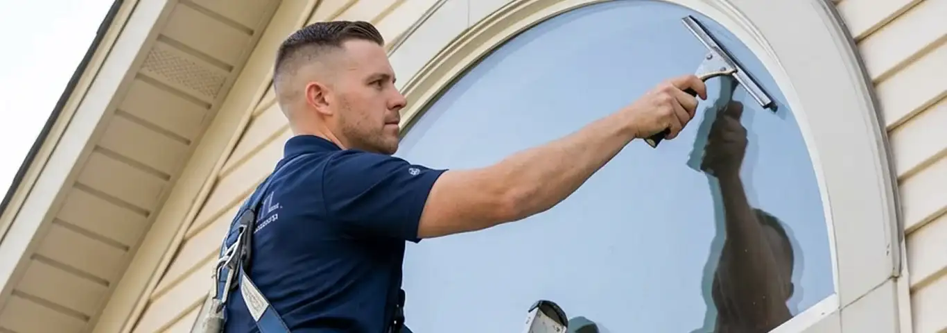 Professional window cleaner using a squeegee to clean an exterior arched window on a home, Philadelphia, PA.