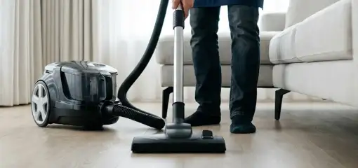 Professional house cleaner vacuuming a living room floor with a canister vacuum cleaner, Philadelphia, PA.
