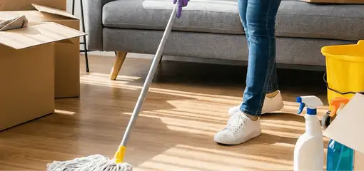 Move-out cleaning setup with a cleaner mopping hardwood floors near moving boxes and cleaning supplies, Philadelphia, PA.
