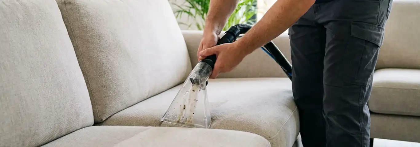 Technician extracting dirt and moisture from a fabric sofa with an upholstery cleaning wand, Philadelphia, PA.