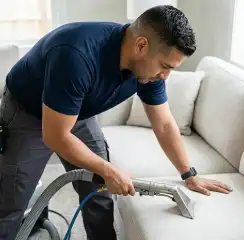 Professional upholstery cleaning technician using an extraction wand to deep-clean a fabric sofa, Philadelphia, PA.