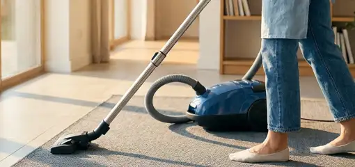 Person vacuuming a living room rug with a canister vacuum cleaner near large windows, Philadelphia, PA.